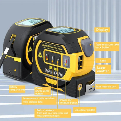 Laser Tape Measure 3 In 1 Digital Tape Measure High Precision Laser Rangefinder Steel Tape Measure