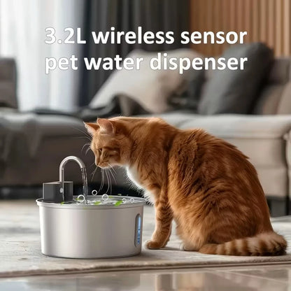 3.2L Wireless Stainless Steel Cat Water Fountain With 4000mAh Battery & Sensor Automatic Filtration Pet Water Drinker Dispenser