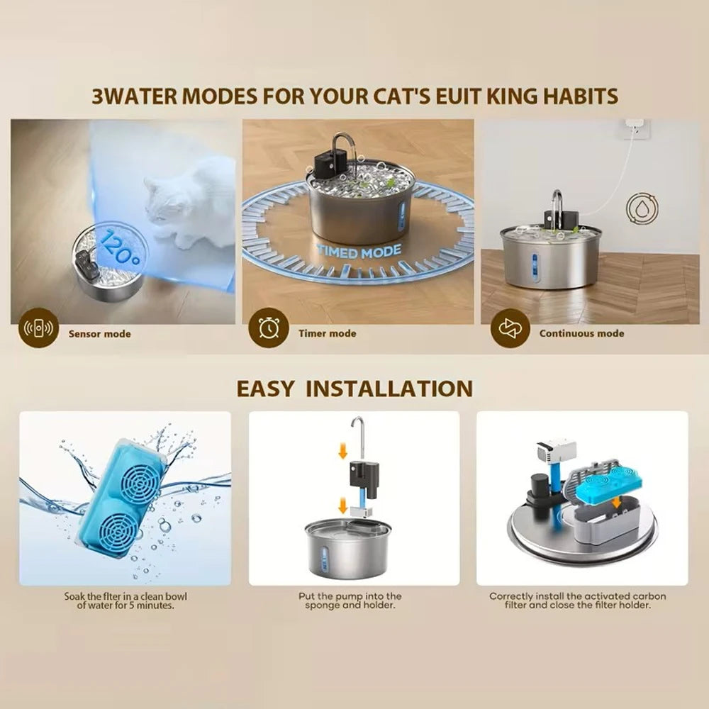 3.2L Wireless Stainless Steel Cat Water Fountain With 4000mAh Battery & Sensor Automatic Filtration Pet Water Drinker Dispenser
