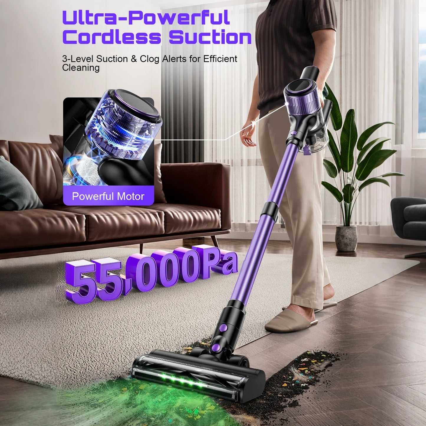 Cordless Vacuum Cleaner, 55Kpa/500W/45min 10 in 1 Powerful Stick Lightweight Vacuum Cleaner for Home Pet Hair/Hard Floor/Carpet