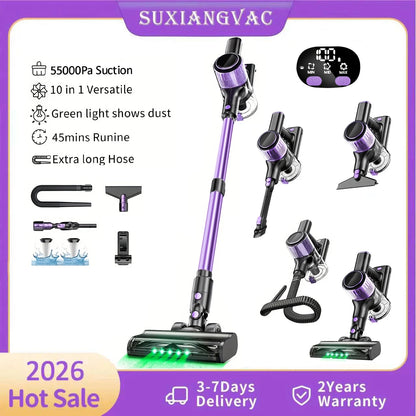 Cordless Vacuum Cleaner, 55Kpa/500W/45min 10 in 1 Powerful Stick Lightweight Vacuum Cleaner for Home Pet Hair/Hard Floor/Carpet